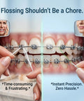 Flossing with 3 In 1 Floss For Braces And Bridges With 120 Pre Cut Strands, Easy Glide Precision Clean Around Brackets And Wires