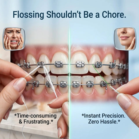 Flossing with 3 In 1 Floss For Braces And Bridges With 120 Pre Cut Strands, Easy Glide Precision Clean Around Brackets And Wires
