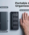 25 In 1 Precision Screwdriver Set For Electronics With Magnetic Handle And Anti Slip Grip, open case, hand for scale