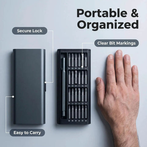 25 In 1 Precision Screwdriver Set For Electronics With Magnetic Handle And Anti Slip Grip, open case, hand for scale