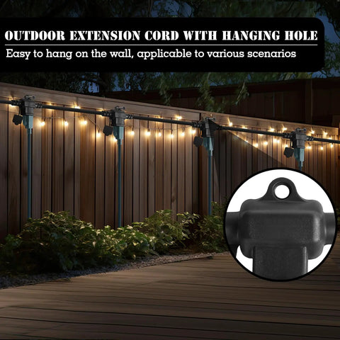 Badass 25 Foot Heavy Duty Outdoor Extension Cord Featuring Six Perfectly Spaced Power Outlets And Sleek Black Waterproof Jacket for Holiday lights hanging on a wall.