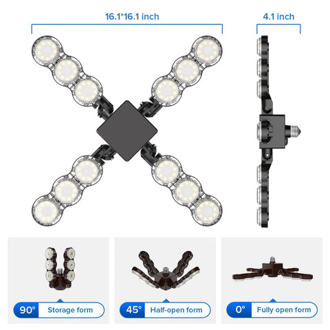 Ultra Bright 60W LED Garage Light With Four Adjustable Panels 6000 Lumens Daylight 5000K E26 Base side and overhead view