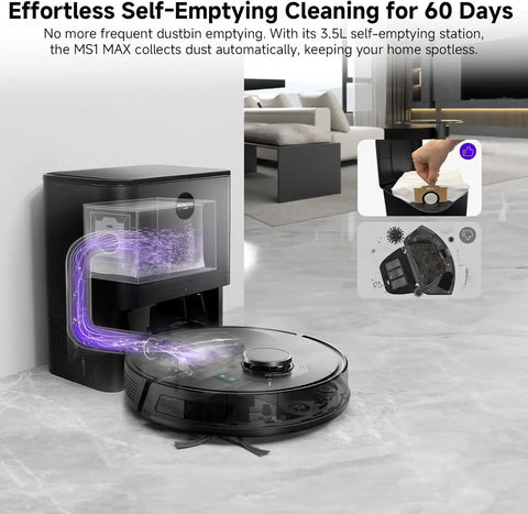 Beast Robot Vacuum And Mop Combo With 6000Pa Suction And 3.5L Self Emptying Dock in living room, demonstrating self-emptying function