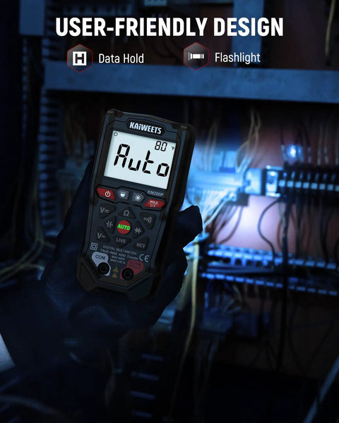 KM200P Digital Multimeter With All Button Operation used in dimly lit electrical panel with flashlight feature
