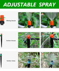 Adjustable spray nozzles and emitters of Automatic Drip Irrigation Kit For Garden And Greenhouse, 256ft Setup, showing misting and streams.