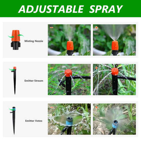 Adjustable spray nozzles and emitters of Automatic Drip Irrigation Kit For Garden And Greenhouse, 256ft Setup, showing misting and streams.
