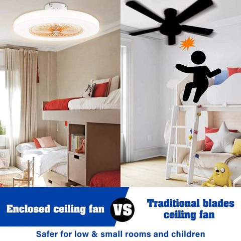 Comparison between 22 Inch Ceiling Fan With Light and traditional blades, highlighting safety for low ceilings and children's rooms