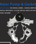 Water pump and gasket set with OE part numbers listed, visible components for automotive engine repair.