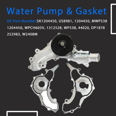 Water pump and gasket set with OE part numbers listed, visible components for automotive engine repair.