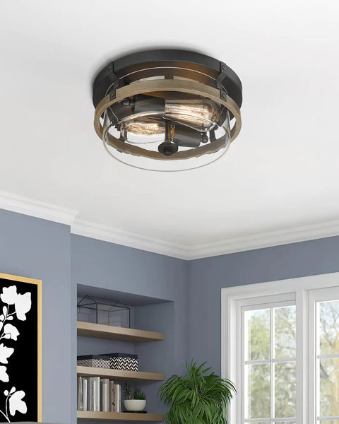 Farmhouse Wooden Flush Mount Ceiling Light With Clear Glass Shade in a modern living room, featuring wood and black metal accents.