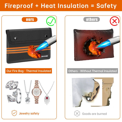 Comparison of fireproof pouch with heat insulation and a non-insulated wallet, showing jewelry protection vs. damage.