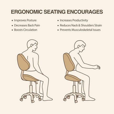 Diagram showing ergonomic seating with two figures, one slouched and one upright, promoting posture and comfort benefits.