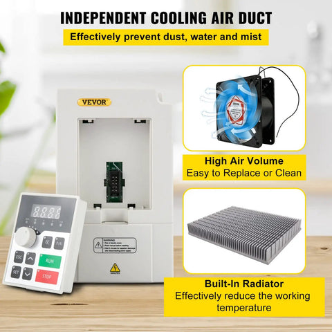 3KW 220V Variable Frequency Drive VFD with control panel, cooling fan, and radiator for 1 or 3 phase input and 3 phase output