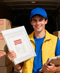 Mover holding Moving Day Dish Packing Kit With 560 Foam Pouches And 80 Foam Board Sheets near labeled boxes