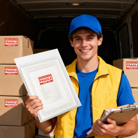 Mover holding Moving Day Dish Packing Kit With 560 Foam Pouches And 80 Foam Board Sheets near labeled boxes