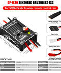 GP-M30 sensored brushless ESC for SCX24 scale crawler with connectors and JST battery cable specification details visible