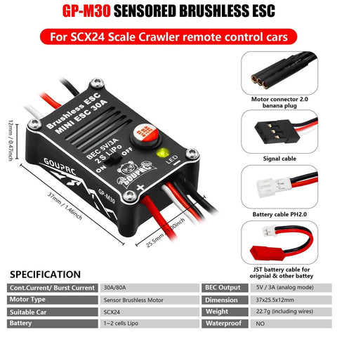 GP-M30 sensored brushless ESC for SCX24 scale crawler with connectors and JST battery cable specification details visible
