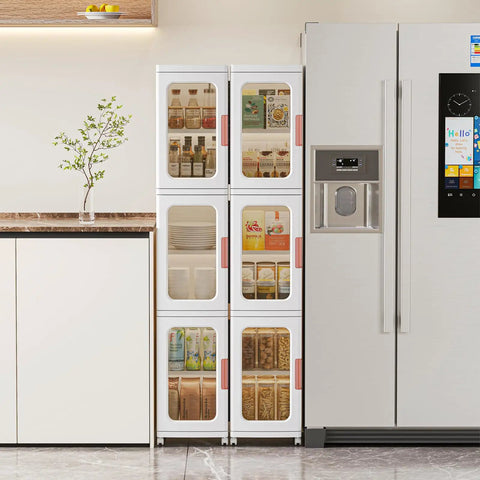 Space Saving Narrow Storage Cabinet With Doors And Adjustable Shelves between kitchen counter and refrigerator