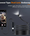 Dual Lens Borescope Endoscope Camera With Light 1920P HD Inspection Tool With Eight Plus One LED Lights IP67 Waterproof For Android iPhone iPad Handy Go To Workhorse For Car Maintenance And Home Repairs showing phone app and flexible cable