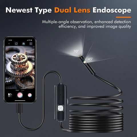 Dual Lens Borescope Endoscope Camera With Light 1920P HD Inspection Tool With Eight Plus One LED Lights IP67 Waterproof For Android iPhone iPad Handy Go To Workhorse For Car Maintenance And Home Repairs showing phone app and flexible cable