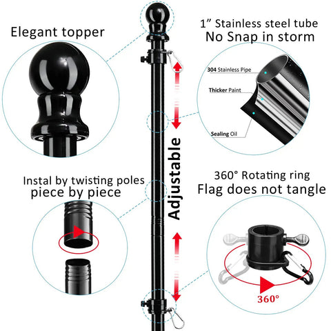 Heavy Duty In Ground Flag Pole Kit With 1 Inch Stainless Steel Shaft, Deep Ground Base With 2 Extra Prongs, Adjustable Height