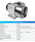Heavy Duty CNC Fourth Axis Rotation Kit With 130Mm Three Jaw Chuck And Tailstock Smooth Four To One Reduction Drive side view with specifications