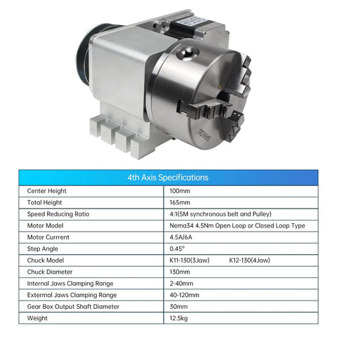 Heavy Duty CNC Fourth Axis Rotation Kit With 130Mm Three Jaw Chuck And Tailstock Smooth Four To One Reduction Drive side view with specifications