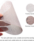 Get Your Hands On 30pcs Of The Dopest 5 Inch Mesh Sanding Discs With Hook Loop Back that shows a hand holding mesh for dust-free sanding.