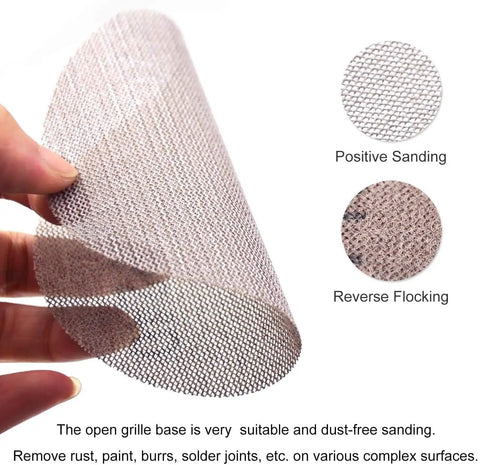Get Your Hands On 30pcs Of The Dopest 5 Inch Mesh Sanding Discs With Hook Loop Back that shows a hand holding mesh for dust-free sanding.