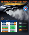 Jaguar Land Rover OBD2 Scanner OM501 Full System Diagnostic Tool visual guide for I/M readiness and smog test shortcut key.