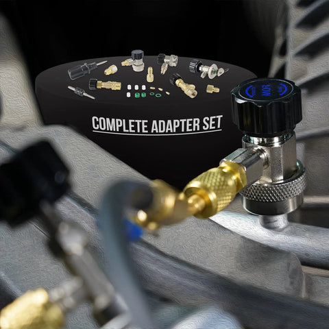 Close-up of adapter and valve from All In One HVAC Manifold Gauge Set With Hose Kit For Auto AC Systems Pro Grade Compatible With R134A R22 R32 R410A Freon