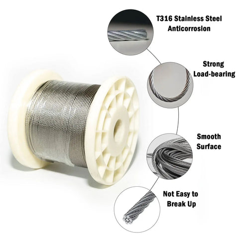 Close-up of One Eighth Inch T316 Stainless Steel Wire Cable 600 Feet 7x7 Construction Aircraft Cable on spool with features.