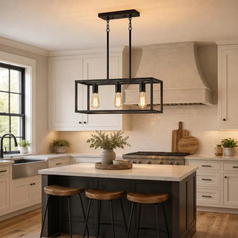 Black Industrial Kitchen Island Light With 3 Light Linear Cage Chandelier over modern farmhouse island