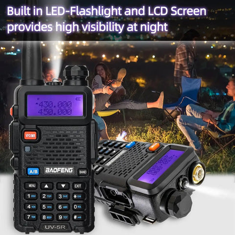Dual Band Long Range Handheld Ham Radio Kit with LED flashlight and LCD screen in night camping scene