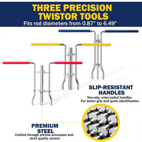 Three Pack Hydraulic Seal Installation Tools Kit For Cylinder Piston Repair And U-Cup Rod Seals Pro Grade Upgraded Seal Twistor Install Tool Set With Three Sizes For Quick Easy In-Cylinder Install, showing three tools with colored slip-resistant handles and premium steel construction.