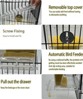Heavy Duty Automatic Bird Feeder And Water Dispenser Cage Combo Zero Mess Setup showing removable top cover and drawer.