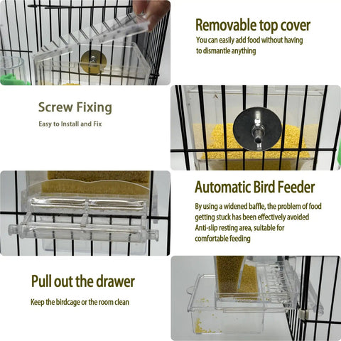 Heavy Duty Automatic Bird Feeder And Water Dispenser Cage Combo Zero Mess Setup showing removable top cover and drawer.