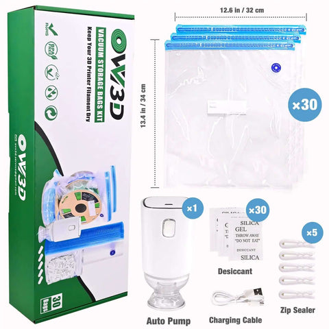 Premium 30 Pack Large 32x34cm Vacuum Sealed Filament Storage Bags Kit with auto pump and desiccants displayed, shown in packaging.
