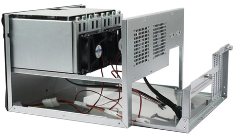 Side view of DIY 8 Bay NAS Case With Eight Hot Swap 2.5 3.5 Inch Trays And One Internal 2.5 Inch Bay Micro ATX ITX Compatible Flex PSU.