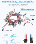Product diagram featuring WS2811 Individually Addressable RGB LED Pixel String with 500 WS2811 Bullets, 12mm Round Diffused, layout details.