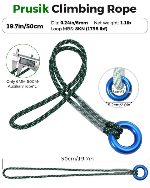 6mm Prusik Loop Cord For Climbing And Rescue, polyester auxiliary rope with 8kN strength, shown in 20in length with blue ring
