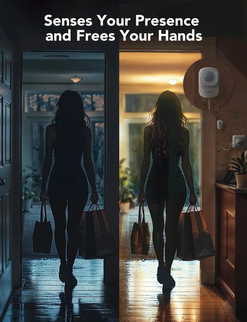 Image of a darkened hallway with the Human Presence Sensor With MmWave Radar And PIR Indoor Smart Home Motion And Zone Positioning Multi Person Detection 2.4 GHz WiFi Required Works With Alexa And Google Home For Auto Home Automation, activated as a person carrying shopping bags enters.