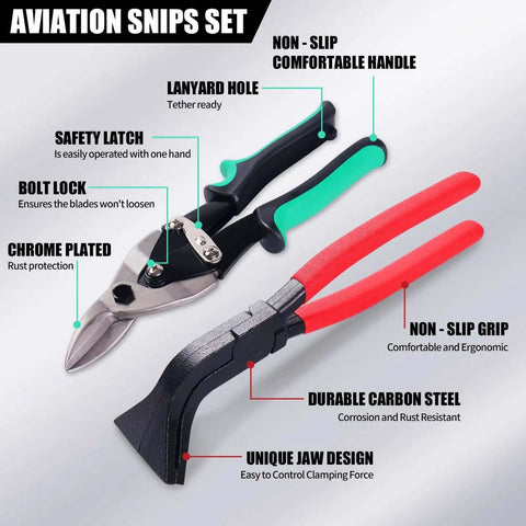 Beast Workhorse Heavy Duty 6 Piece Sheet Metal Tools Set with aviation snips and seamer, black and red handles, safety latch