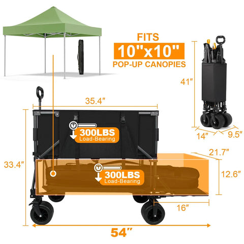 Heavy Duty Double Decker Wagon Collapsible Cart With 600 Lbs Load And 400 L Capacity Foldable Utility Cart With 7 Inch All Terrain Wheels And Steel Frame For Beach Outdoor Camping And Gardening, side view with dimensions