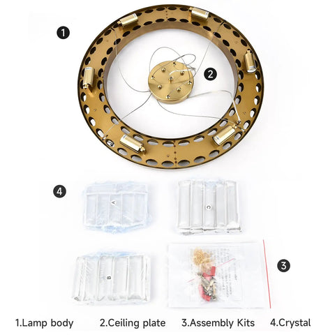Crystal Ceiling Light Fixture In Black components including lamp body, ceiling plate, assembly kits, and clear iridescent crystals.
