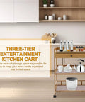 Heavy Duty Carbonized Bamboo Rolling Cart With Whisper Quiet Caster Wheels Plus Roomy Storage Drawers Easy Glide mobile kitchen sidekick with three tiers and storage.