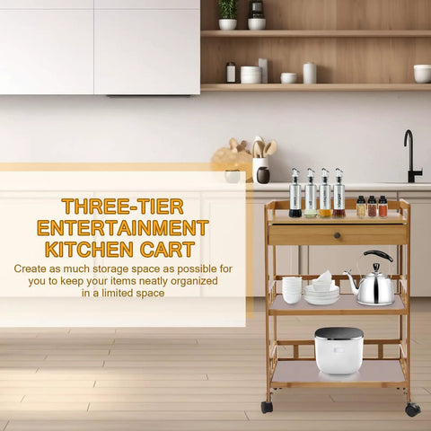 Heavy Duty Carbonized Bamboo Rolling Cart With Whisper Quiet Caster Wheels Plus Roomy Storage Drawers Easy Glide mobile kitchen sidekick with three tiers and storage.