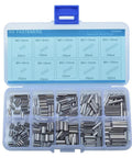 Image of Must Have 304 Stainless Steel M3 And M4 Slotted Spring Pin Set Kit With 200 Pieces, organized in a plastic box.