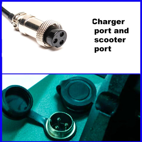 Cruiser Electric Scooter Charger For 52V Battery System With 3 Pin XLR Connector and scooter port close-up