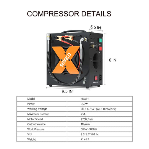 Compressor details for Compact 1L Scuba Tank For Shallow Dives Under 16 Feet DOT Certified Cylinder Kit, dimensions shown